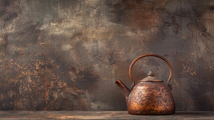 Antique copper kettle on cement background with empty space for text