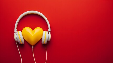 White headphones with yellow heart shape on red background, top view. Love music concept, Valentine