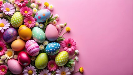 Fototapeta premium Colorful Easter eggs decorated with flowers on a pink background, Easter, eggs, colorful, flowers, spring, holiday