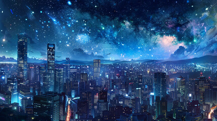 Breathtaking anime landscape where city night aerial panorama over glittering