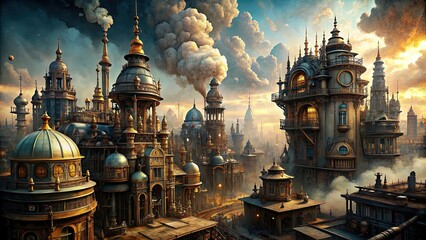 Steampunk cityscape with Victorian-inspired innovations