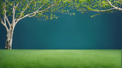 Obraz premium a big green leafy tree with color isolate background , tree branches on a green lawn ,a serene and picturesque scene