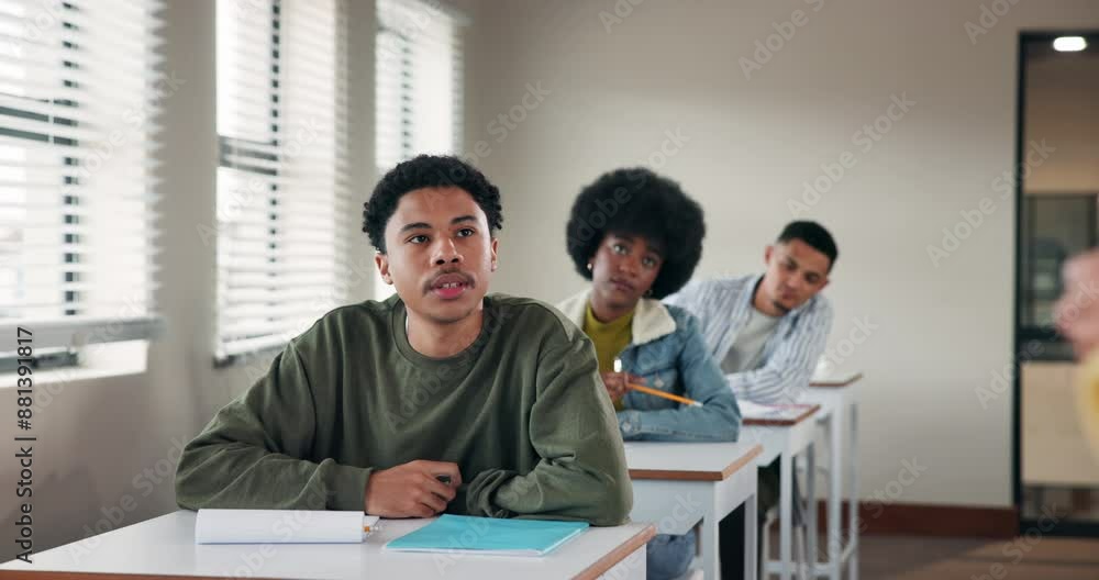 Poster Answer, question and student in classroom with teacher for development, learning or study. Asking, growth and solution with teen boy talking to professor in class for academy, lecture or scholarship