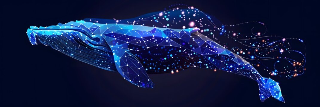 Big crypto whale with Bitcoin emblem swims in digital blue ocean, concept of big market players that own large amounts of cryptocurrency and can influence the price