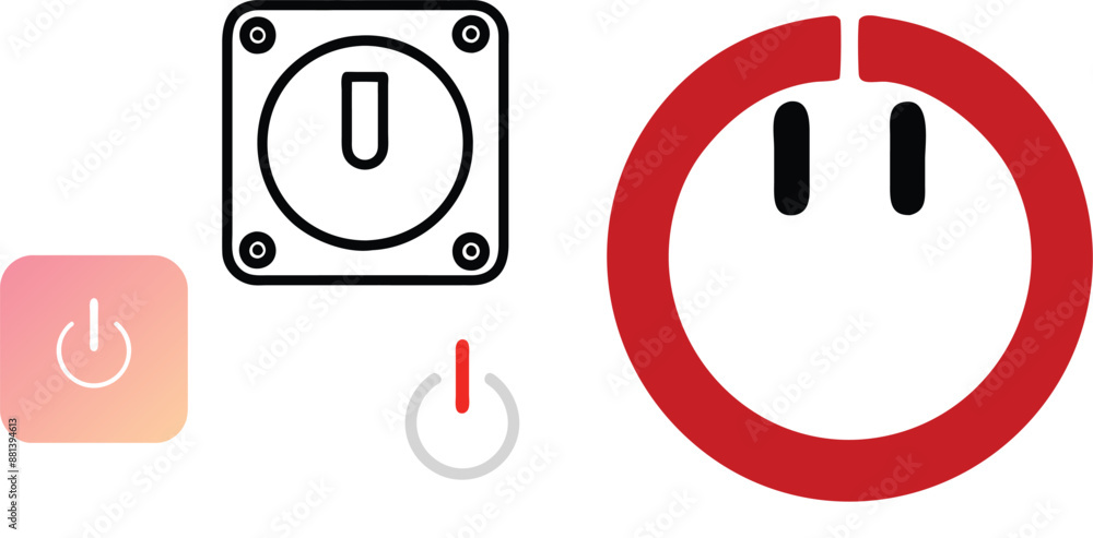 Poster power button set. turn on and off switch vector sign. computer start trigger button symbol in filled