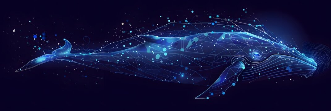 Big crypto whale with Bitcoin emblem swims in digital blue ocean, concept of big market players that own large amounts of cryptocurrency and can influence the price