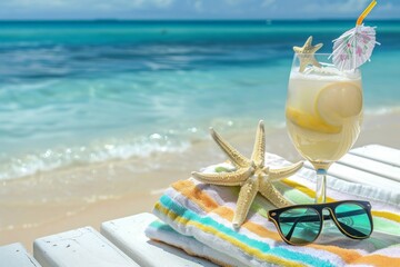 beach with glass of cocktail drink