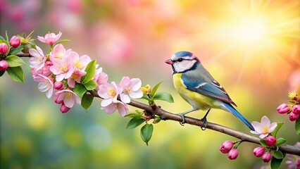 Fototapeta premium Beautiful spring background with blooming apple tree flowers and bluetit bird on branch, spring, background, blooming