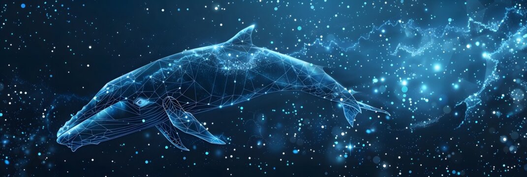Big crypto whale with Bitcoin emblem swims in digital blue ocean, concept of big market players that own large amounts of cryptocurrency and can influence the price