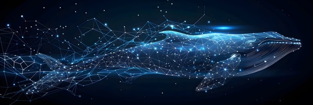 Big crypto whale with Bitcoin emblem swims in digital blue ocean, concept of big market players that own large amounts of cryptocurrency and can influence the price