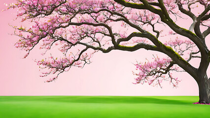 a big green leafy tree with color isolate  background , tree   branches on a green lawn ,a serene and picturesque scene