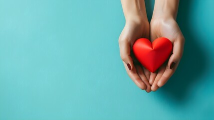 Obraz premium Young women hands holding a red paper heart, healthcare, donation and family insurance concept, world heart day, world health day, CSR responsibility, Valentine's day, solid color background