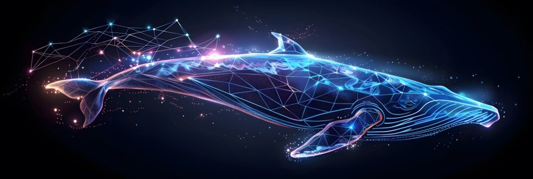 Big crypto whale with Bitcoin emblem swims in digital blue ocean, concept of big market players that own large amounts of cryptocurrency and can influence the price