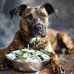 A pitbull, bulldog, large dog is sitting next to a food bowl filled with dollar bills and money depicting the expense of owning a pet dog