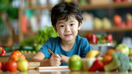 Fototapeta premium Cheerful kid drawing at a table surrounded by colorful fruits and vegetables in a bright, cheerful setting.