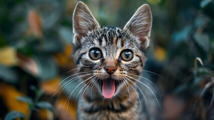 Obraz premium a cat sticking out its tongue, with a natural background, a very cute photo of a cat