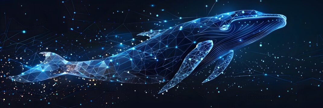Big crypto whale with Bitcoin emblem swims in digital blue ocean, concept of big market players that own large amounts of cryptocurrency and can influence the price