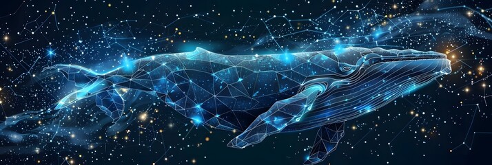 Big crypto whale with Bitcoin emblem swims in digital blue ocean, concept of big market players that own large amounts of cryptocurrency and can influence the price