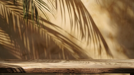 Empty table against beige wall background There are shadows of palm leaves on the wall.