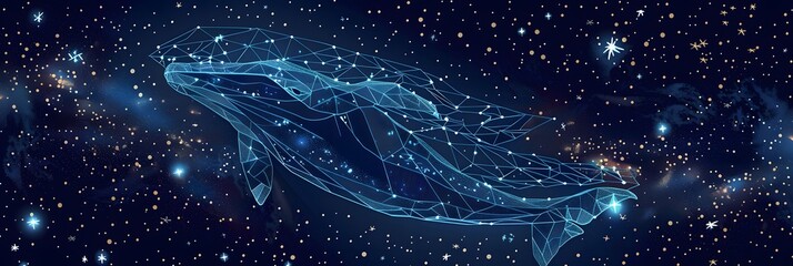 Big crypto whale with Bitcoin emblem swims in digital blue ocean, concept of big market players that own large amounts of cryptocurrency and can influence the price