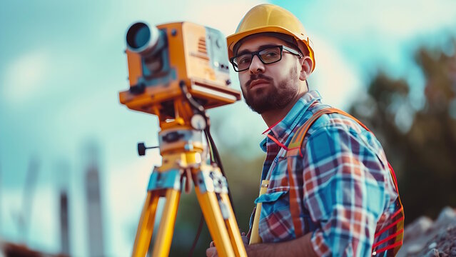 Surveyor Engineer wearing safety uniform, helmet with theodolite equipment to measure position on construction site.