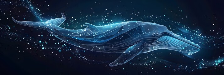 Big crypto whale with Bitcoin emblem swims in digital blue ocean, concept of big market players that own large amounts of cryptocurrency and can influence the price