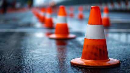 Traffic cones on a street as a warning sign