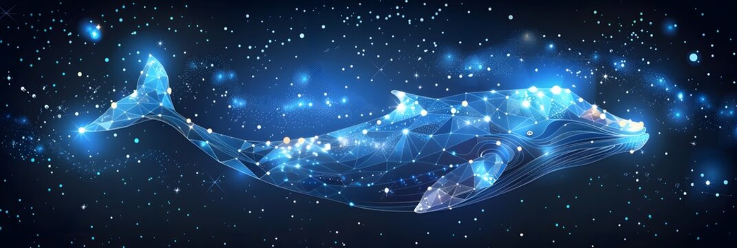 Big crypto whale with Bitcoin emblem swims in digital blue ocean, concept of big market players that own large amounts of cryptocurrency and can influence the price