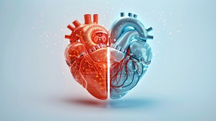 A digital illustration of a heart split into two halves, one red and mechanical, the other blue and organic, symbolizing contrast and duality.