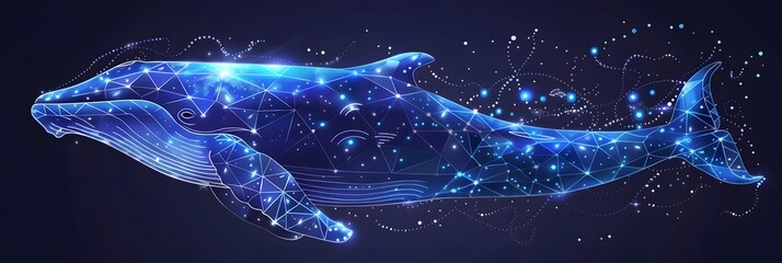 Big crypto whale with Bitcoin emblem swims in digital blue ocean, concept of big market players that own large amounts of cryptocurrency and can influence the price