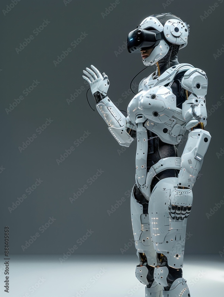 Poster futuristic robot posing with hand up in front of a plain white background for business or technology
