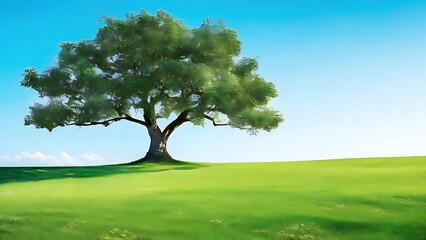 Fototapeta premium a big green leafy tree with color isolate background , tree branches on a green lawn ,a serene and picturesque scene