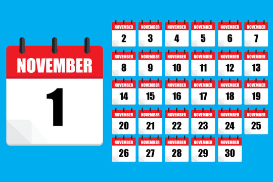 November calendar layout. Numbered dates. Vector icons. Blue background.