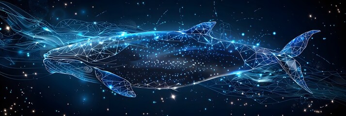 Big crypto whale with Bitcoin emblem swims in digital blue ocean, concept of big market players that own large amounts of cryptocurrency and can influence the price