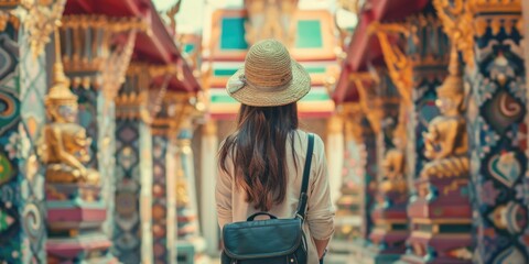Obraz premium A person wearing a hat and backpack walks down a city street