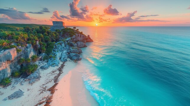 Majestic Sunset at El Castillo Beach, Tulum, Mexico - Mayan History Illuminated