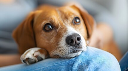 Obraz premium Unbreakable Bond: Adorable Dog Resting on Owner's Lap, Symbolizing Heartwarming Pet Love and Friendship