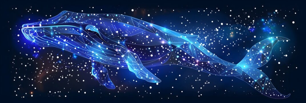 Big crypto whale with Bitcoin emblem swims in digital blue ocean, concept of big market players that own large amounts of cryptocurrency and can influence the price