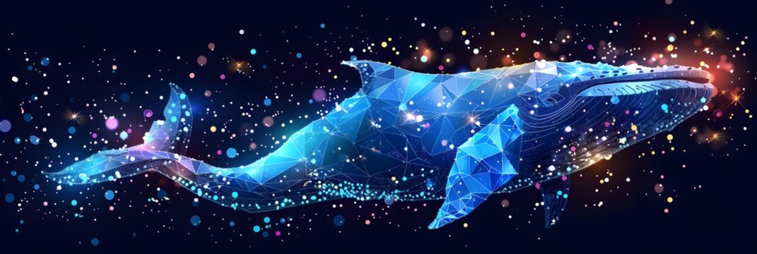 Big crypto whale with Bitcoin emblem swims in digital blue ocean, concept of big market players that own large amounts of cryptocurrency and can influence the price
