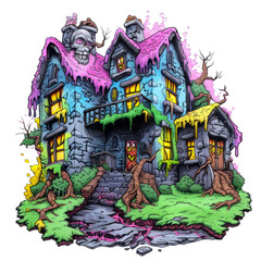 Spooky Haunted House with Skull. isolated on transparent background.