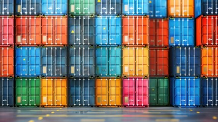 Fototapeta premium Colorful stacked shipping containers at a port. Logistics and global trade concept with vibrant container arrangement.