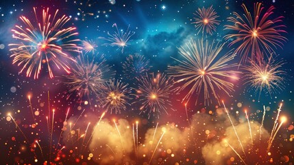 A beautiful fireworks display over a serene lake with a stunning sunset backdrop in a forested landscape during a summer festival.