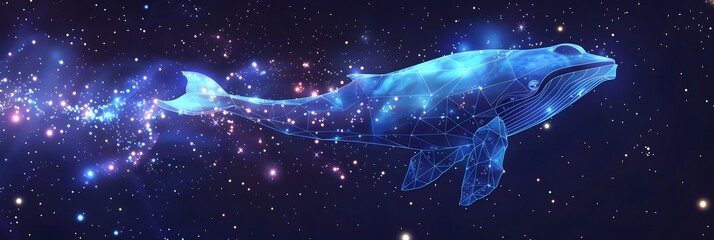 Big crypto whale with Bitcoin emblem swims in digital blue ocean, concept of big market players that own large amounts of cryptocurrency and can influence the price