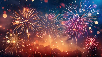 A vibrant fireworks display illuminates a summer festival evening, with colorful bursts of light over a serene cityscape and tranquil waters, surrounded by mountains and trees.