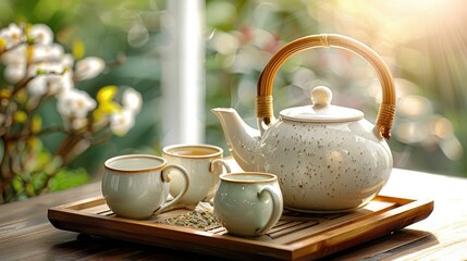 Elegant ceramic teapot and cups on a wooden tray in a serene garden setting, capturing warm sunlight. Perfect for a relaxing tea session.