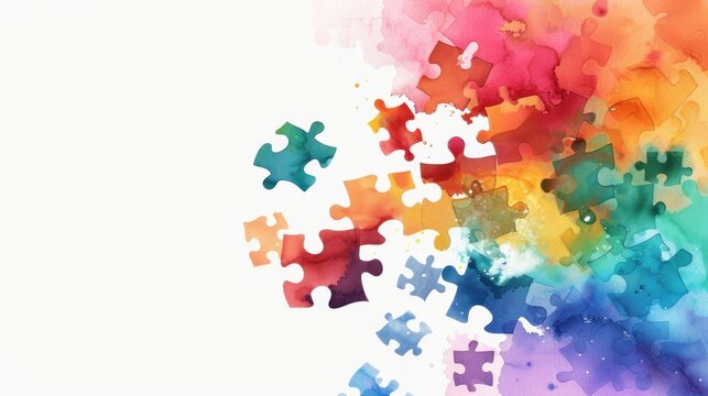 Colorful puzzle pieces forming an abstract design, symbolizing the diverse and interconnected nature of mental health support. Watercolor background vector illustration with copy space area.