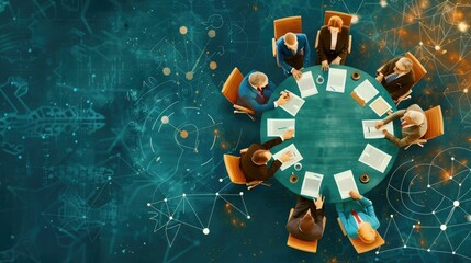 Naklejka premium Top view of a business meeting with professionals discussing documents around a round table, with a digital futuristic background.