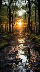 Obraz premium a forest path with a stream running through it