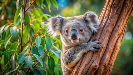Fototapeta premium Koala resting in eucalyptus tree , wildlife, nature, Australia, adorable, native, animal, marsupial, foliage, peaceful, furry