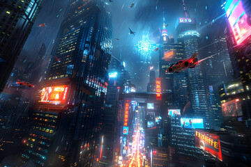 Futuristic City at Night with Neon Skyscrapers, Flying Cars, and Holographic Ads – A Vision of Advanced Urban Technology